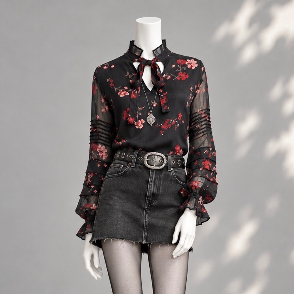 Lauren Ralph Lauren Black Red Floral Sheer Blouse L Whimsigoth Romantic Tie Neck